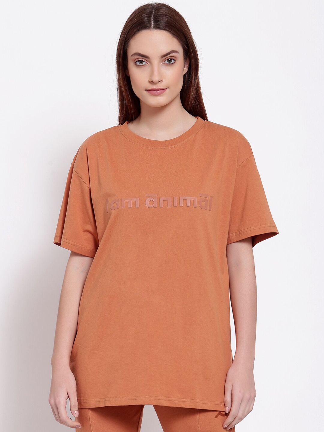 

I Am Animal Women Orange Organic Cotton Loose Fit T-Basic Word Printed T-Shirt