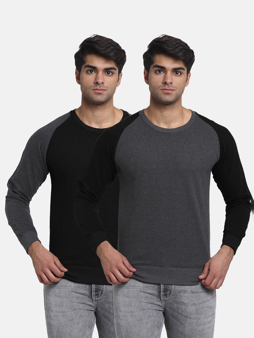 

Friskers Men Pack Of 2 Colourblocked Round-Neck Sweatshirts, Black