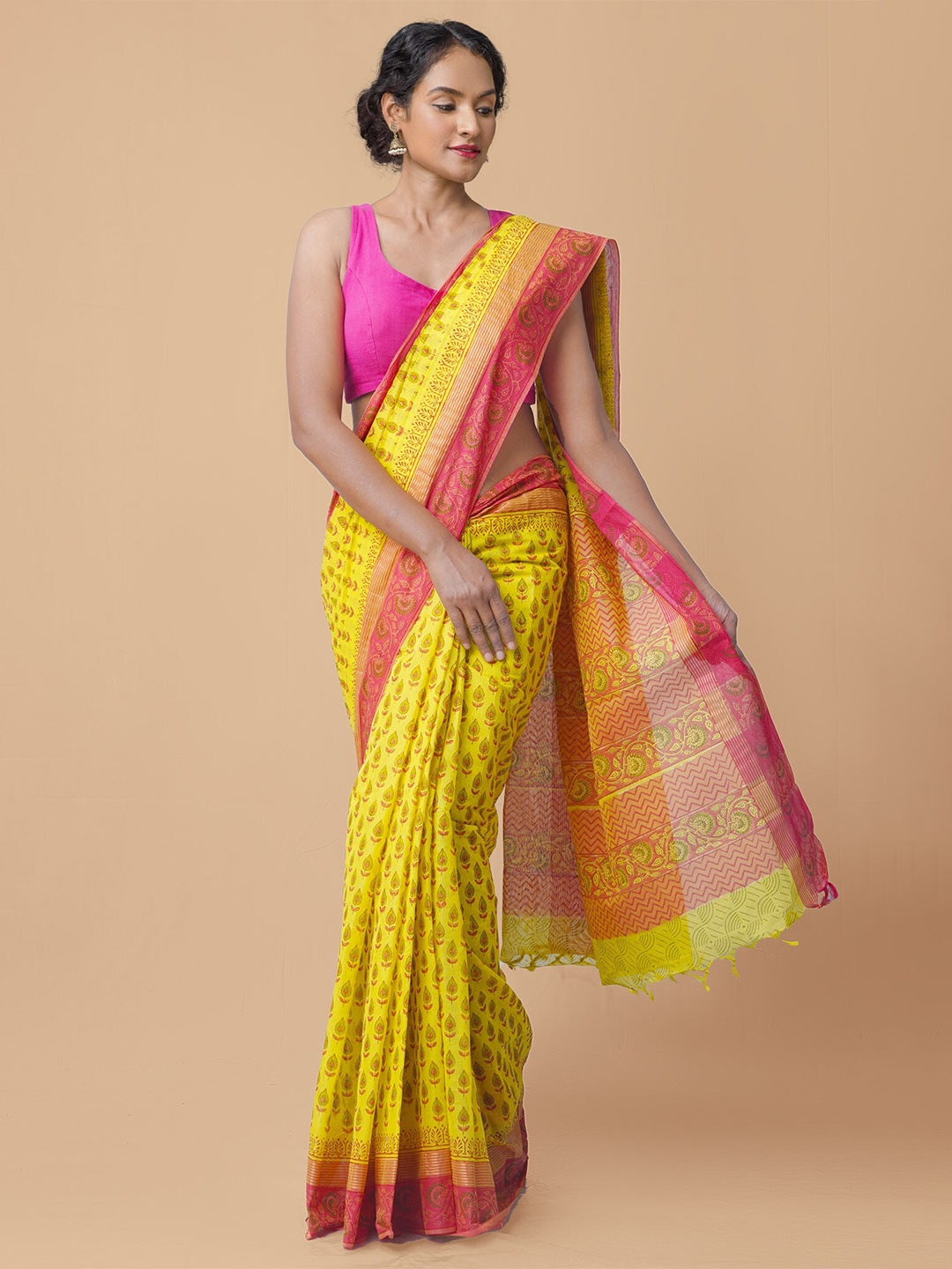 

Unnati Silks Yellow & Fuchsia Ethnic Motifs Zari Pure Cotton Mangalagiri Saree