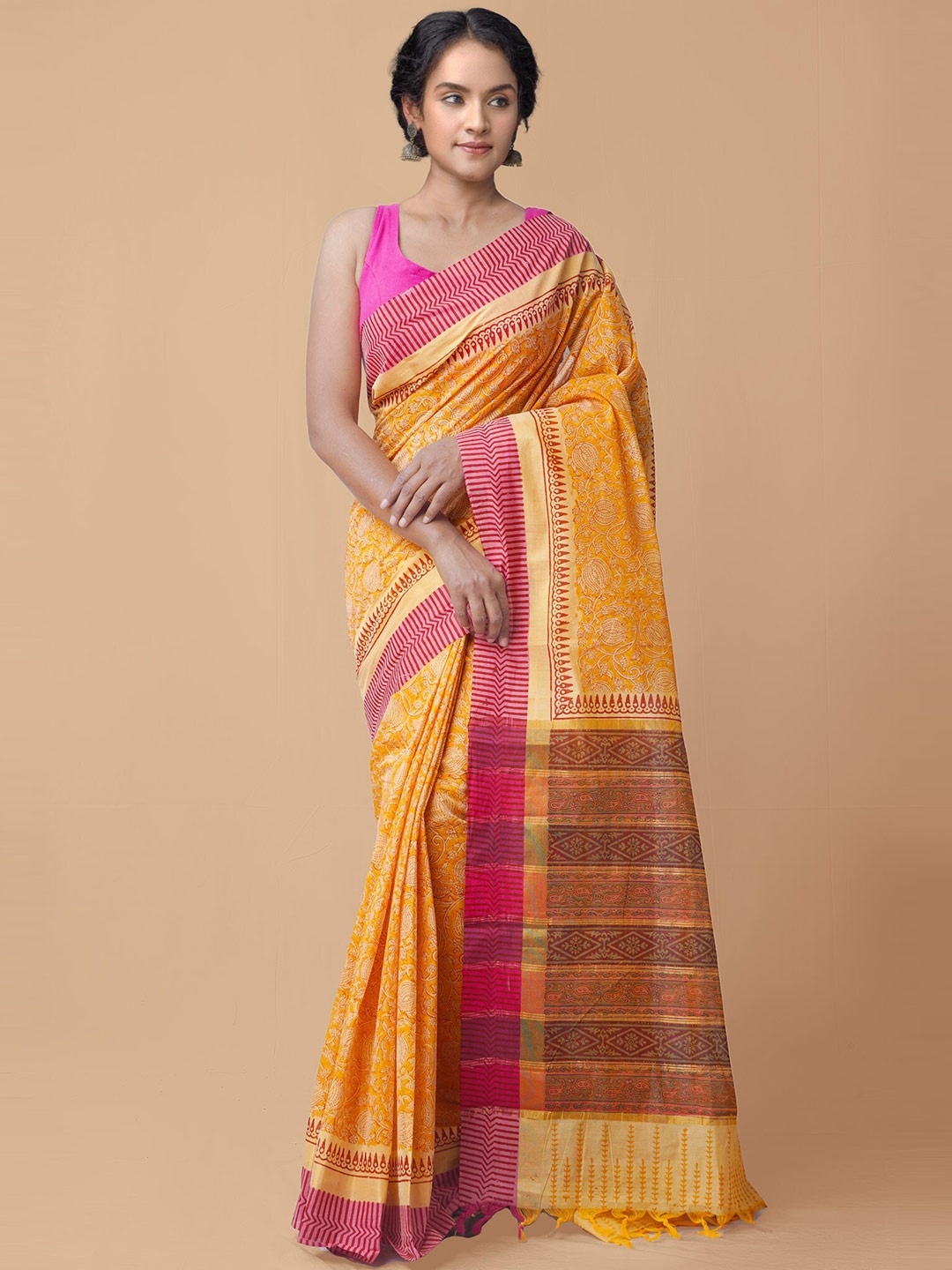 

Unnati Silks Orange & Pink Pure Cotton Mangalagiri Saree