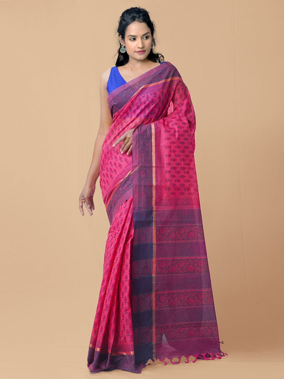 

Unnati Silks Pink & Blue Hand Block Printed Mangalagiri Cotton Saree