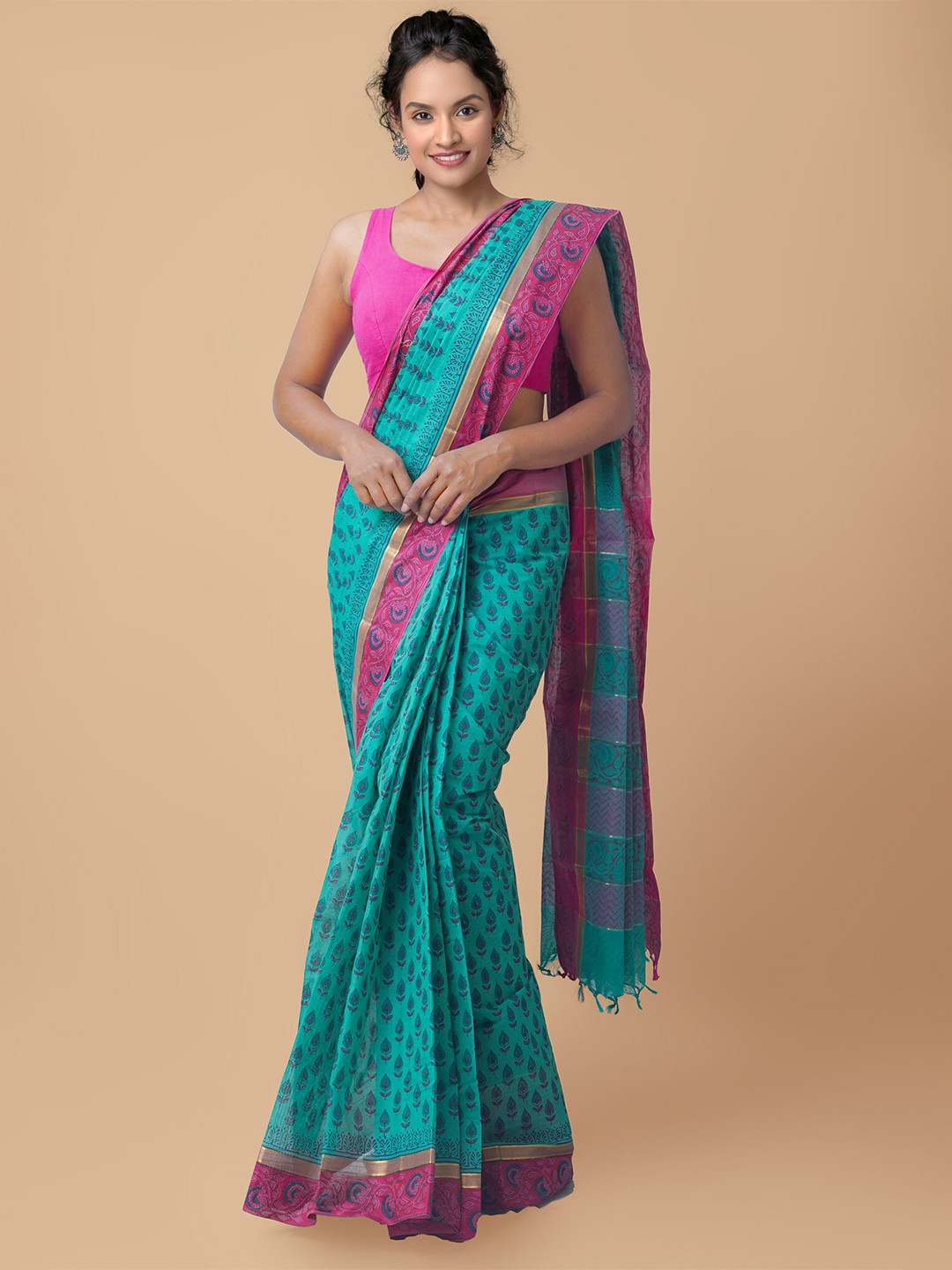 

Unnati Silks Green & Pink Ethnic Motifs Pure Cotton Block Print Saree