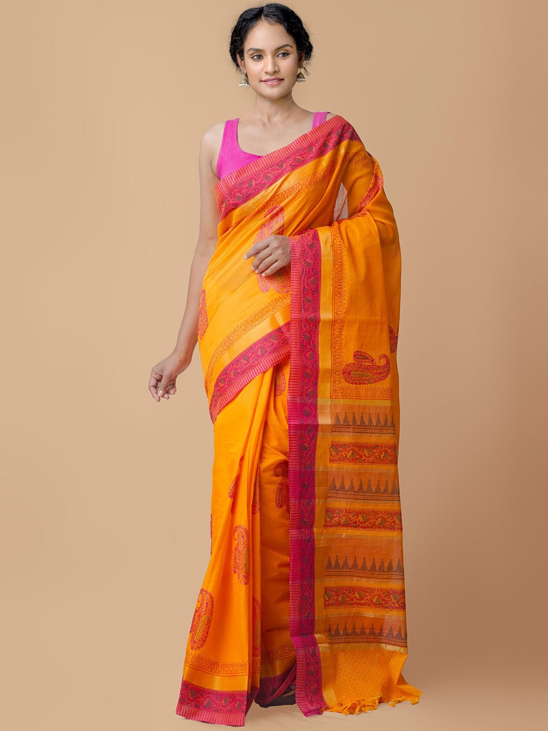 

Unnati Silks Orange & Pink Paisley Pure Cotton Mangalagiri Saree