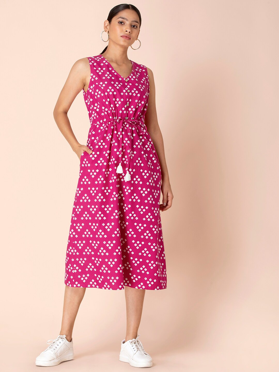 

Earthen BY INDYA Pink Bandhani Printed Pure Cotton Ethnic Midi Dress