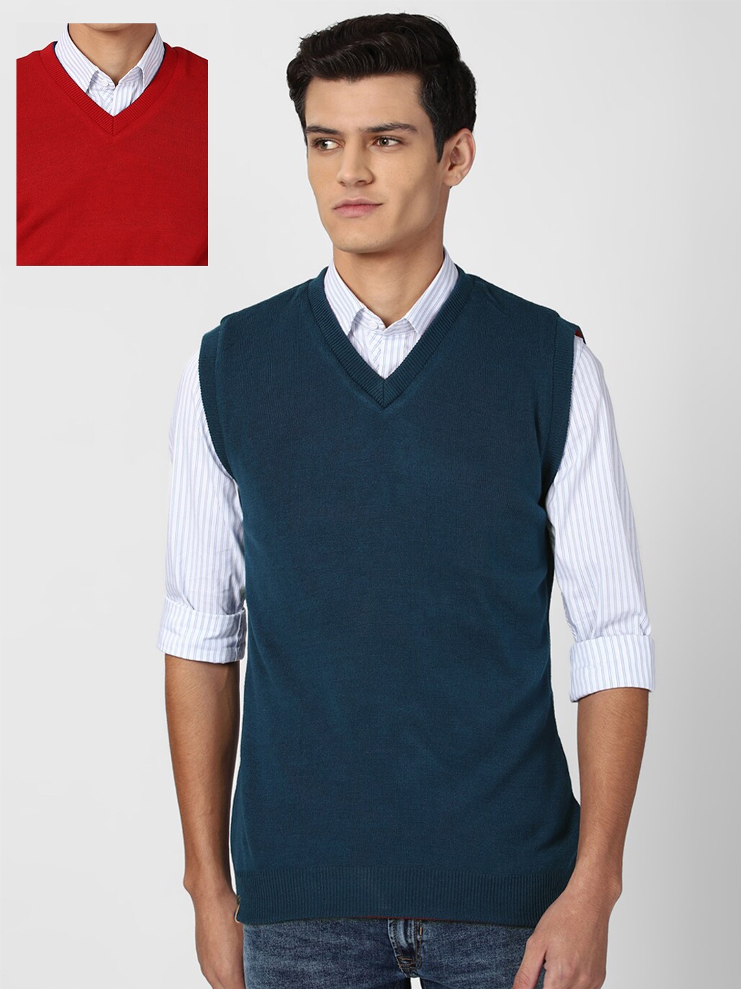 

Peter England Casuals Men Red & Navy Blue Acrylic Sweater Vest
