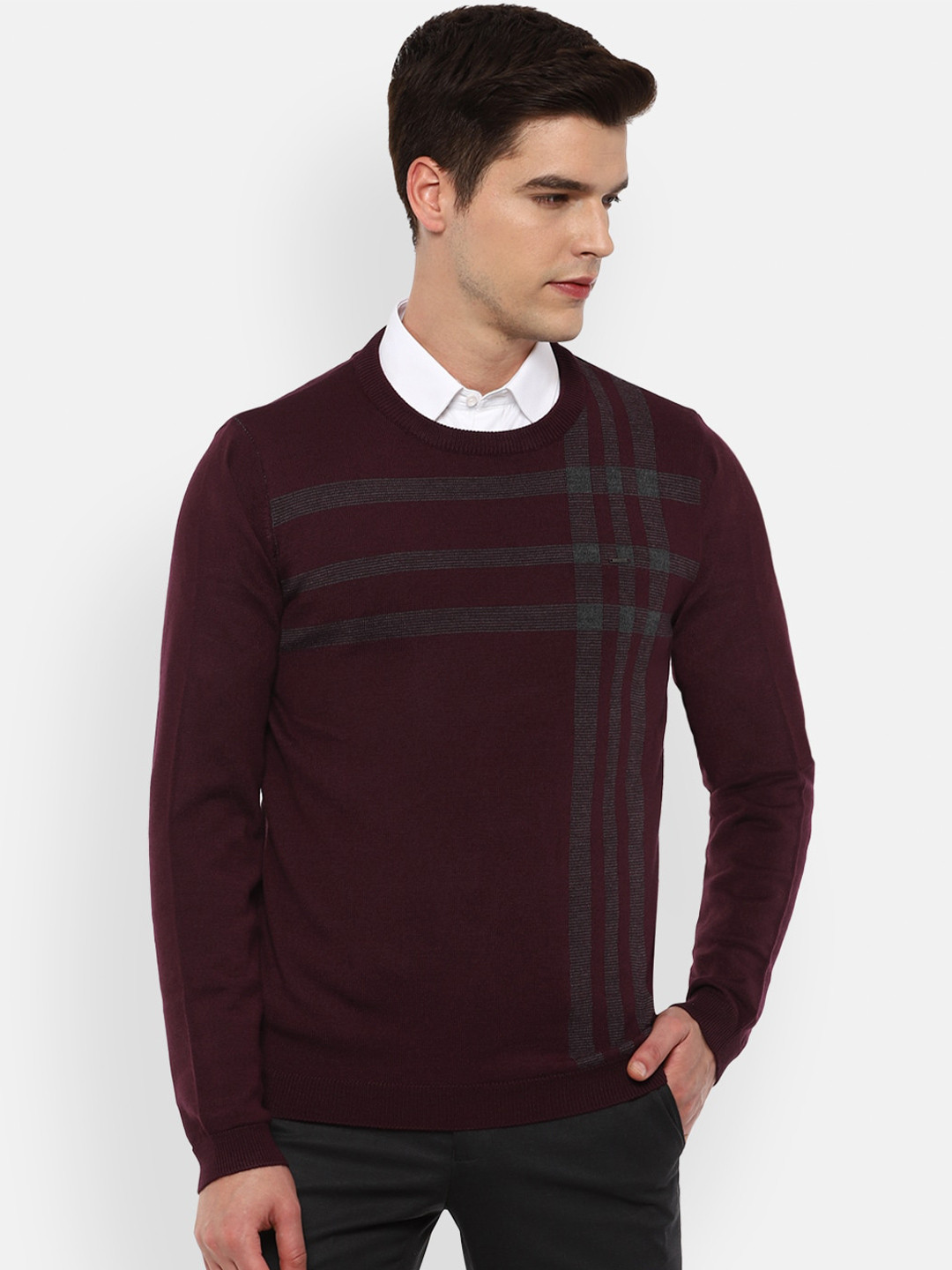 

Van Heusen Men Maroon & Grey Striped Pullover