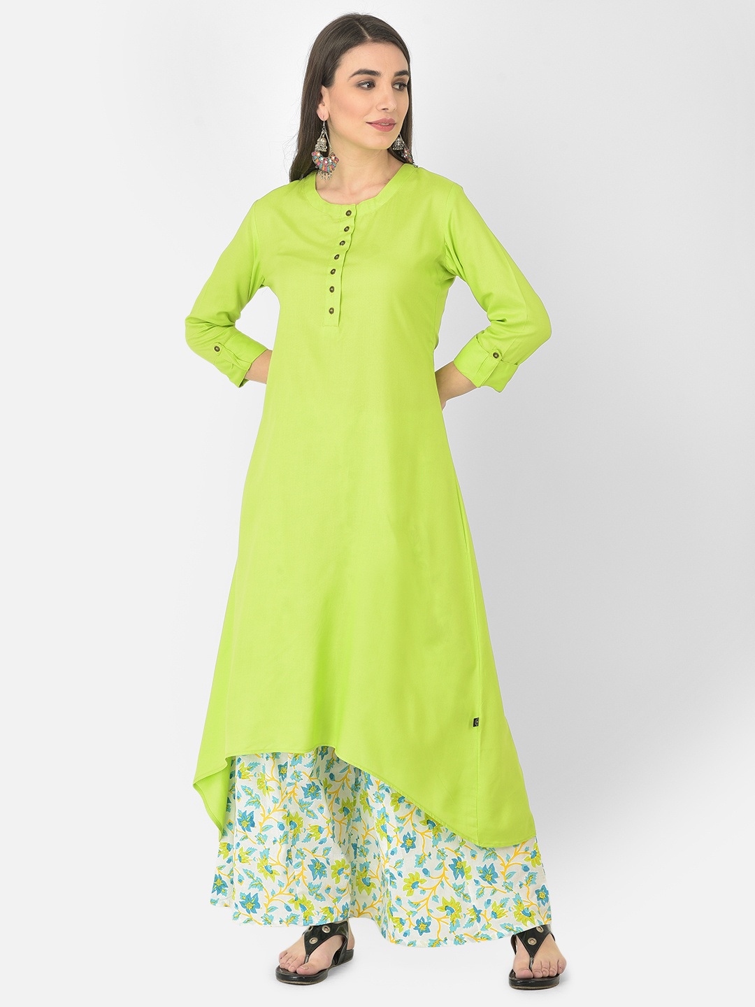 

Pistaa Women Lime Green Floral Kurta with Palazzos