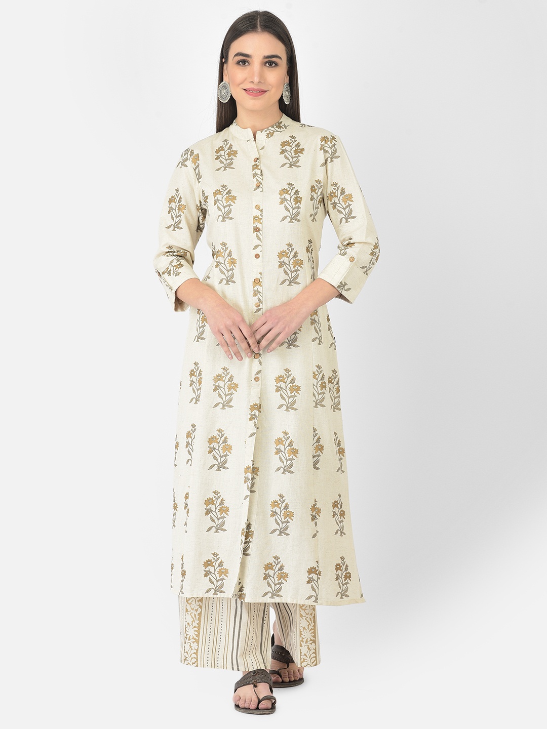 

Pistaa Women Off White & Grey Floral Printed Kurta with Palazzos
