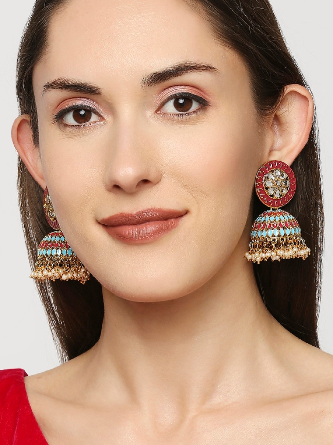 

OOMPH Maroon & Gold-Toned Dome Shaped Jhumkas Earrings