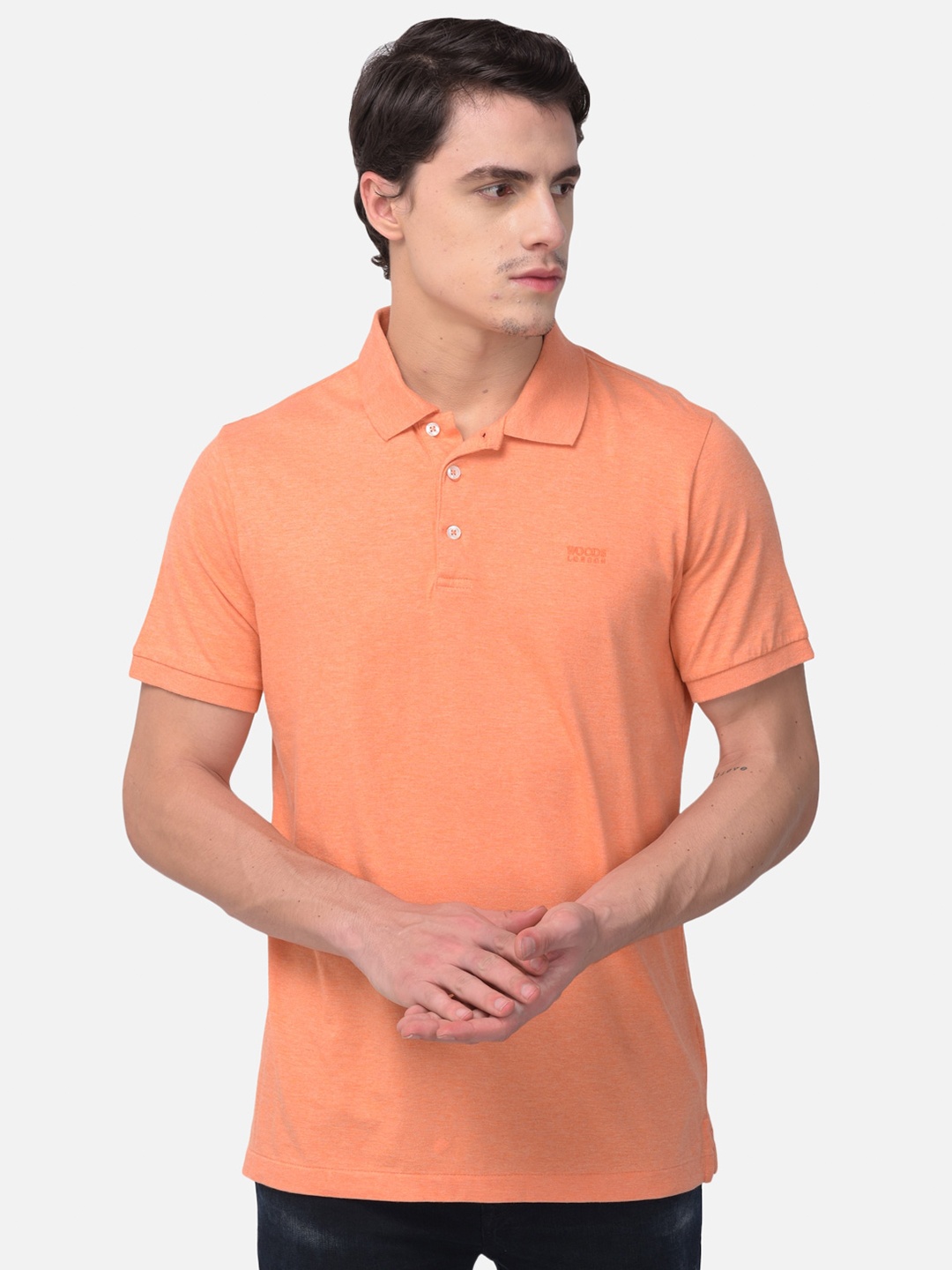 

Woods Men Peach-Coloured Solid Polo Collar T-shirt