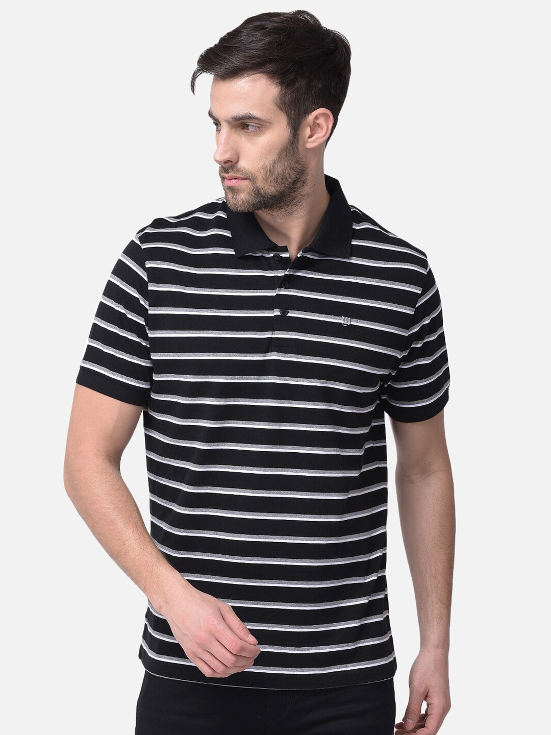 

Woods Men Black & Grey Striped Polo Collar T-shirt