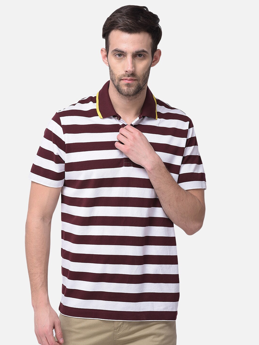 

Woods Men Burgundy & White Striped Polo Collar T-shirt
