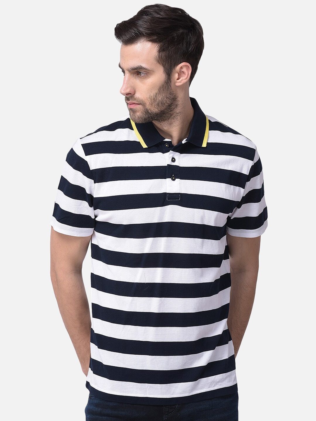 

Woods Men Navy Blue & White Striped Polo Collar T-shirt