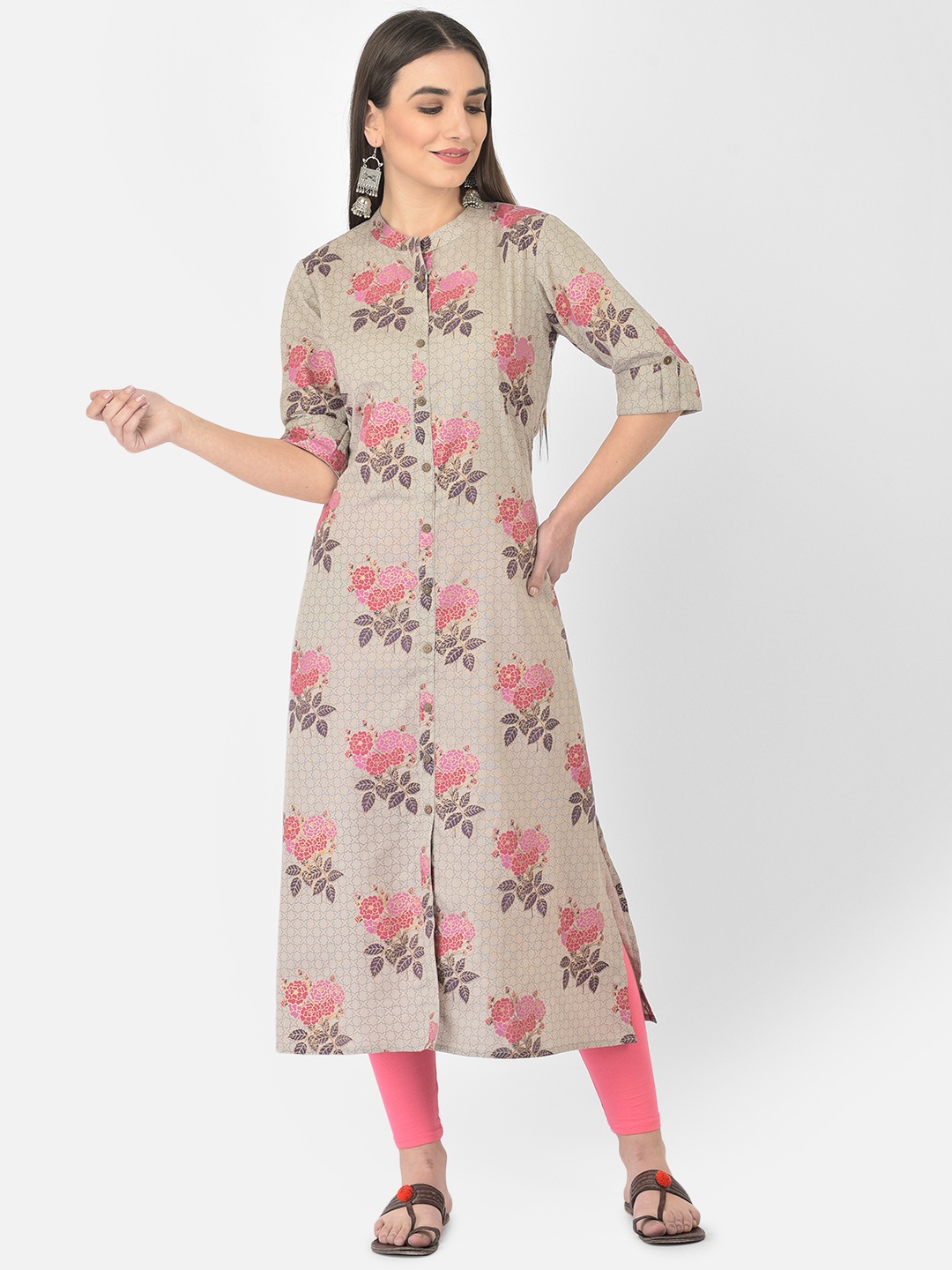 

Pistaa Women Grey Floral Printed Kurta