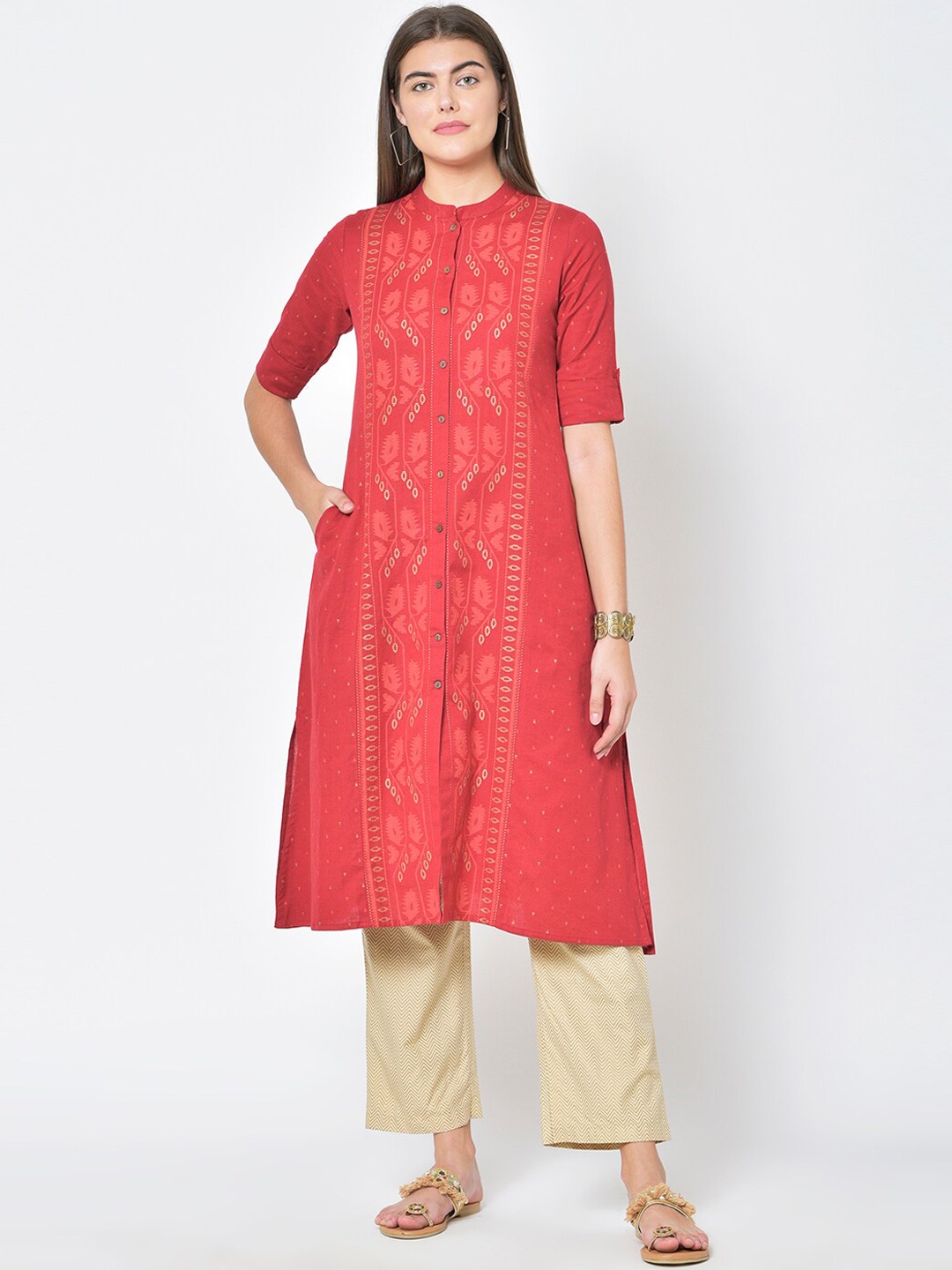 

Pistaa Women Red Ethnic Motifs Floral Kurta
