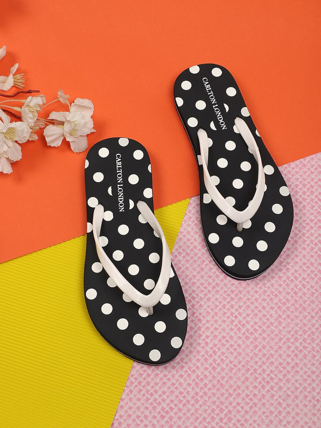 

Carlton London Women Navy Blue & White Polka Dots Printed Thong Flip-Flops