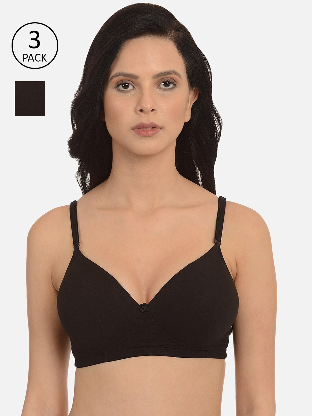 

mod & shy Women Pack Of 3 Black Solid Non-Wired Lightly Padded Seamless T Shirt Bra