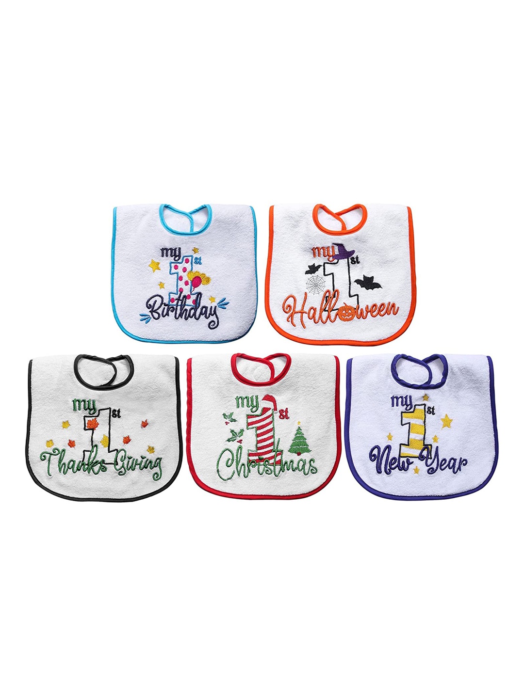 

Butterthief Unisex Kids Set Of 5 Multicoloured Embroidered Bibs, Multi
