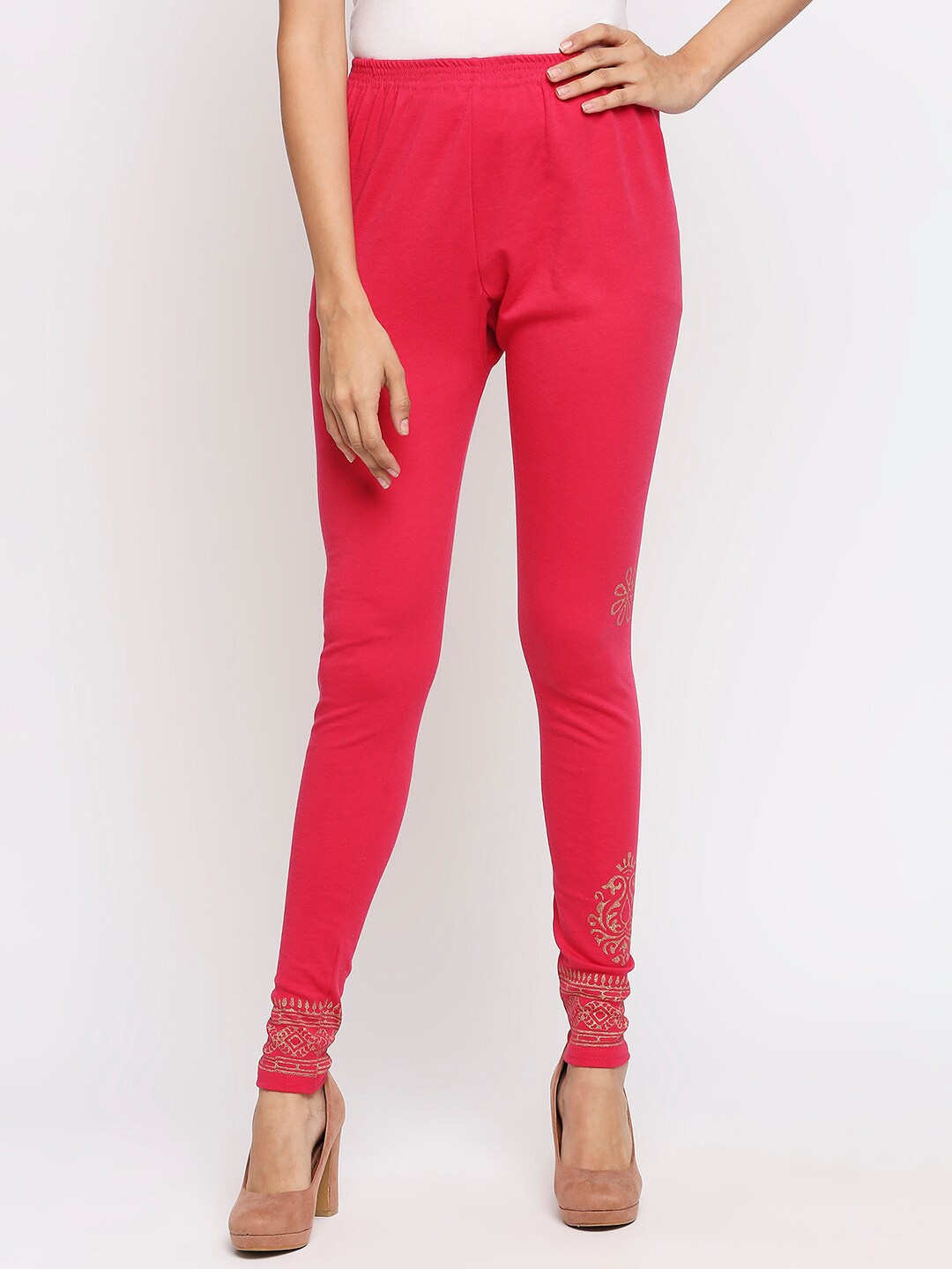 

Ira Soleil Women Pink & Gold-Coloured Solid Churidar-Length Leggings