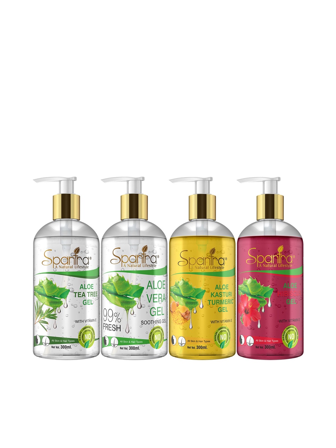 

Spantra Pack of 4 Aloevera, Tea Tree, Kasturi Turmeric, & Hibiscus Gel-300ml Each, White