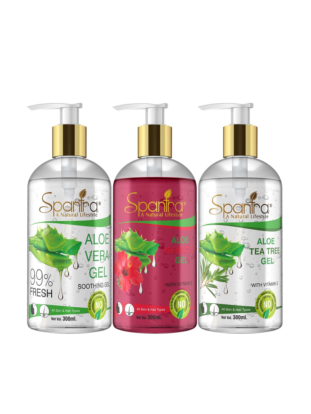 

Spantra Set of 3 Aloevera Aloe Hibiscus & Aloe Tea Tree Face Gel 300 ml Each, White