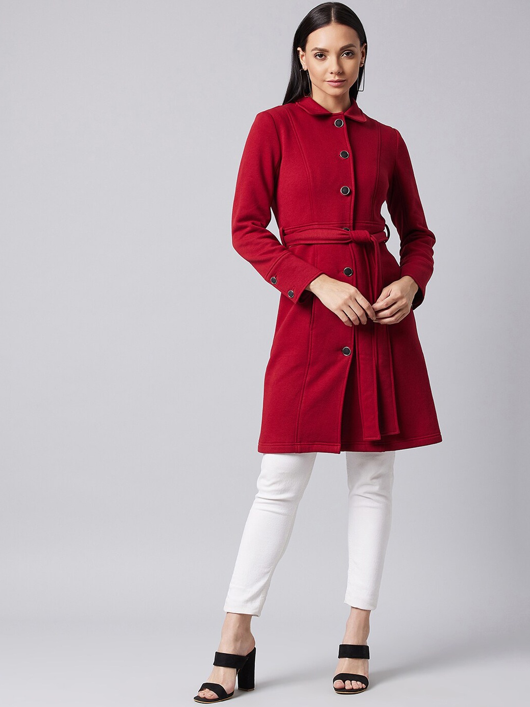 

DOLCE CRUDO Women Maroon Belted Long Jacket