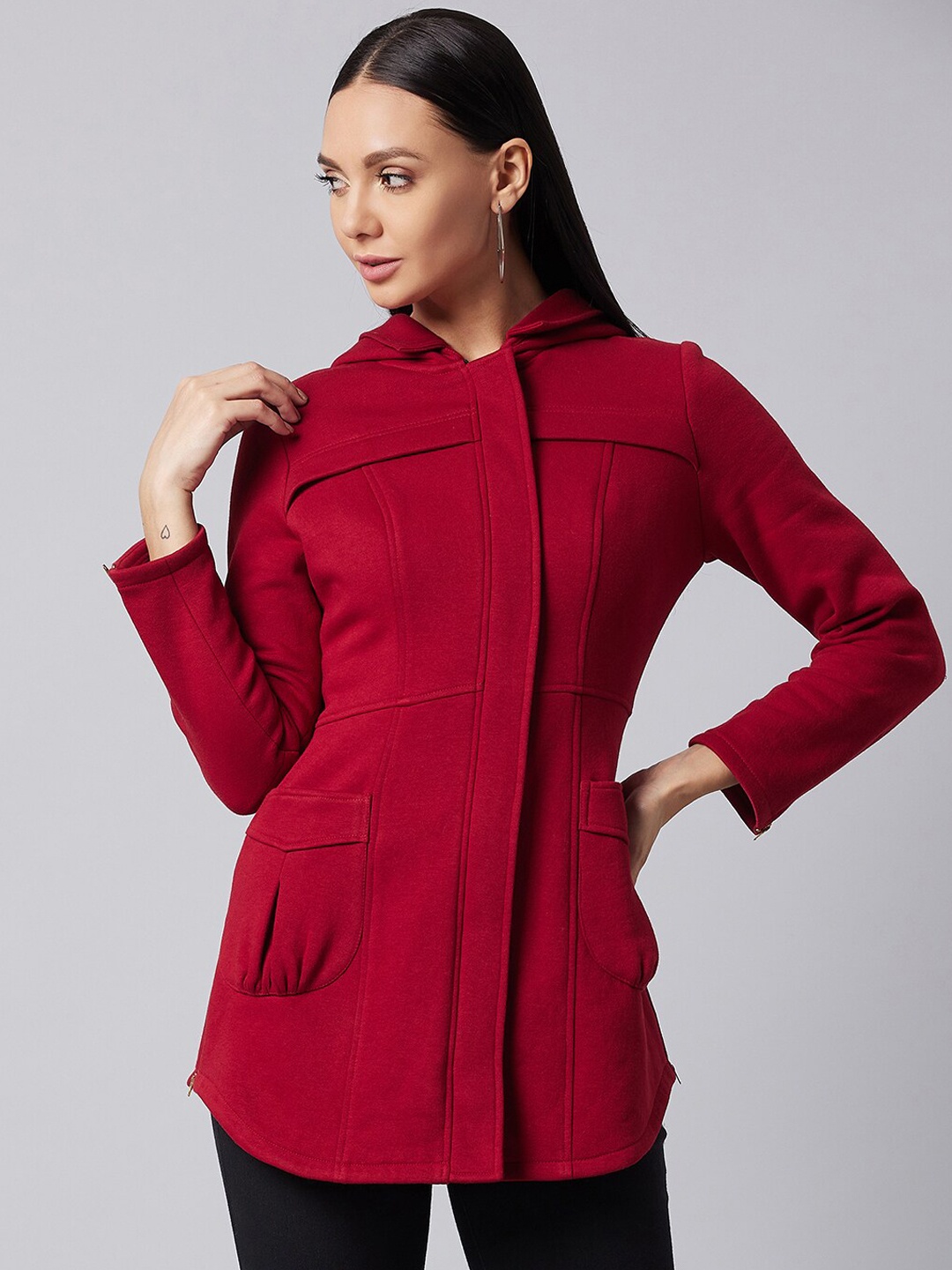 

DOLCE CRUDO Women Maroon Solid Longline Tailored Jacket