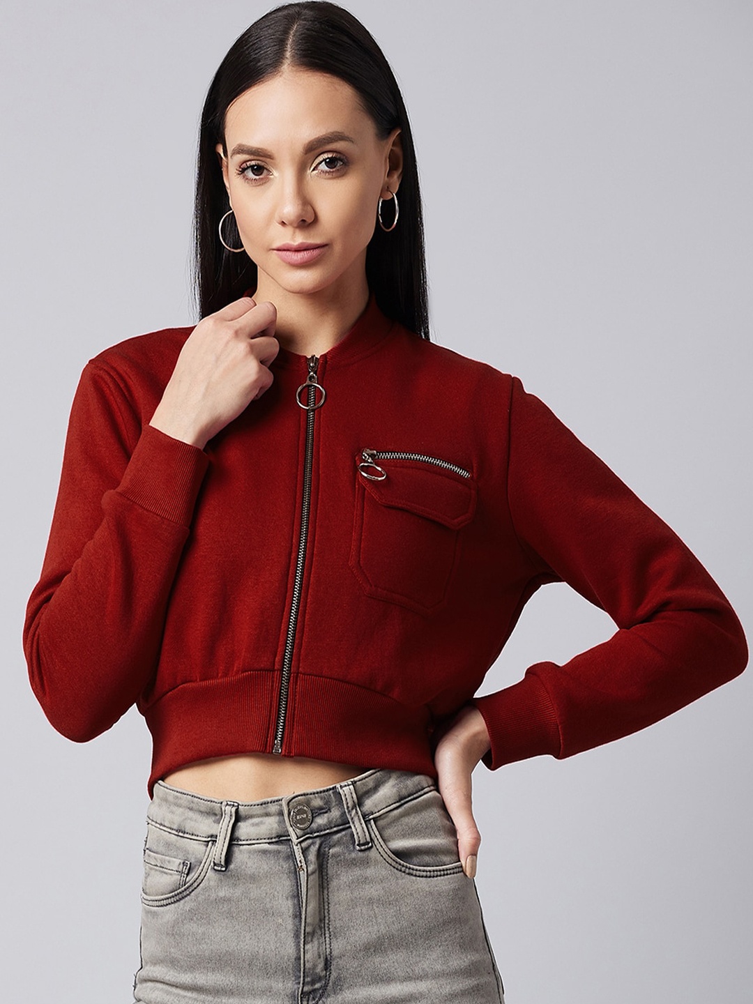 

DOLCE CRUDO Women Maroon Solid Crop Tailored Jacket