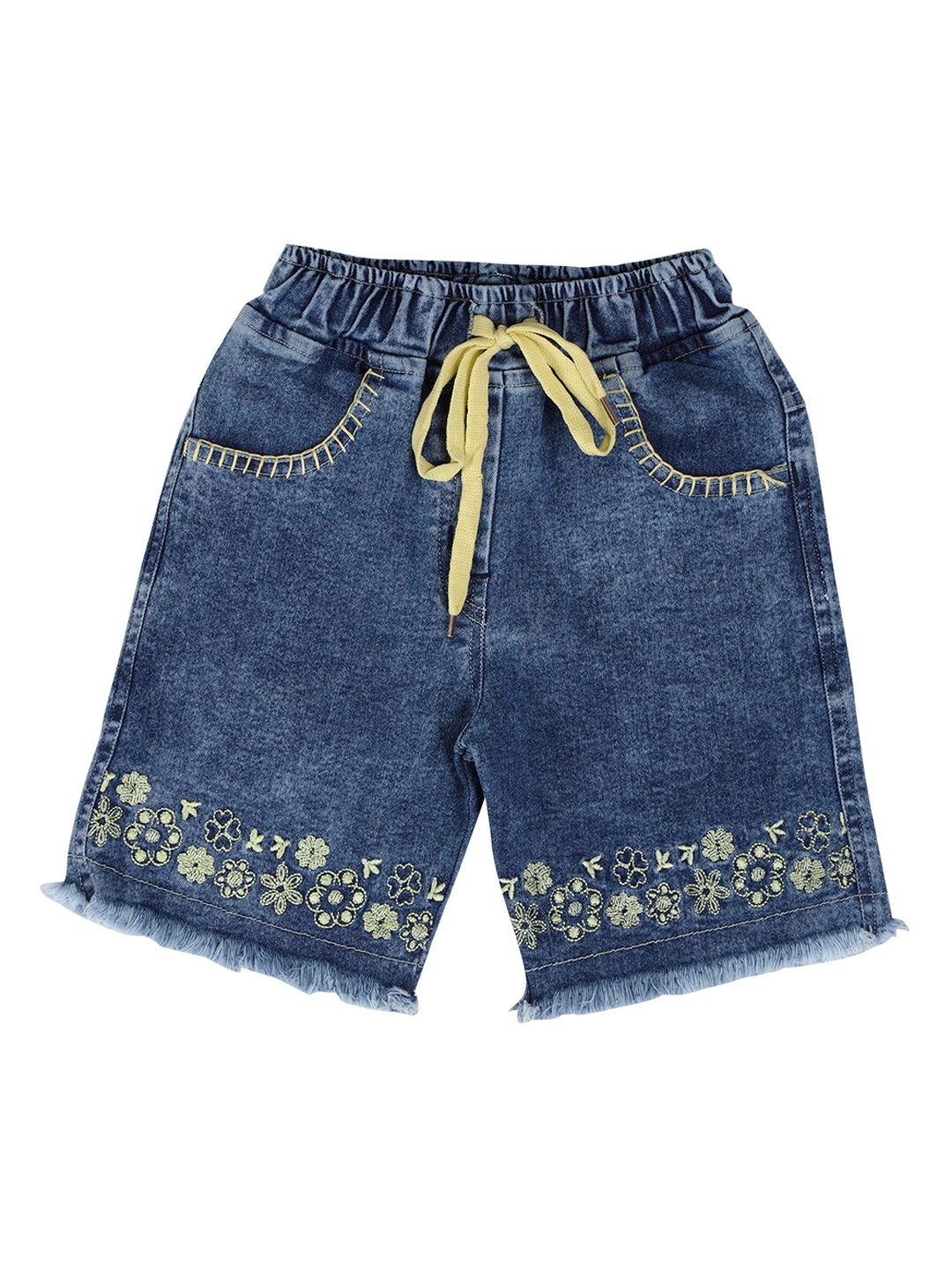 

CREMLIN CLOTHING Girls Blue Floral Embroidered Washed Denim Shorts