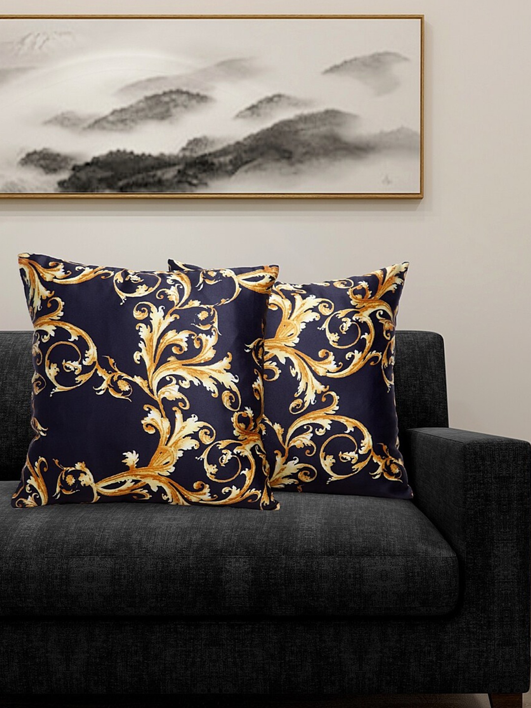 

DECOREALM Set of 2 Black & Gold-Toned Floral Satin Square Cushion Covers