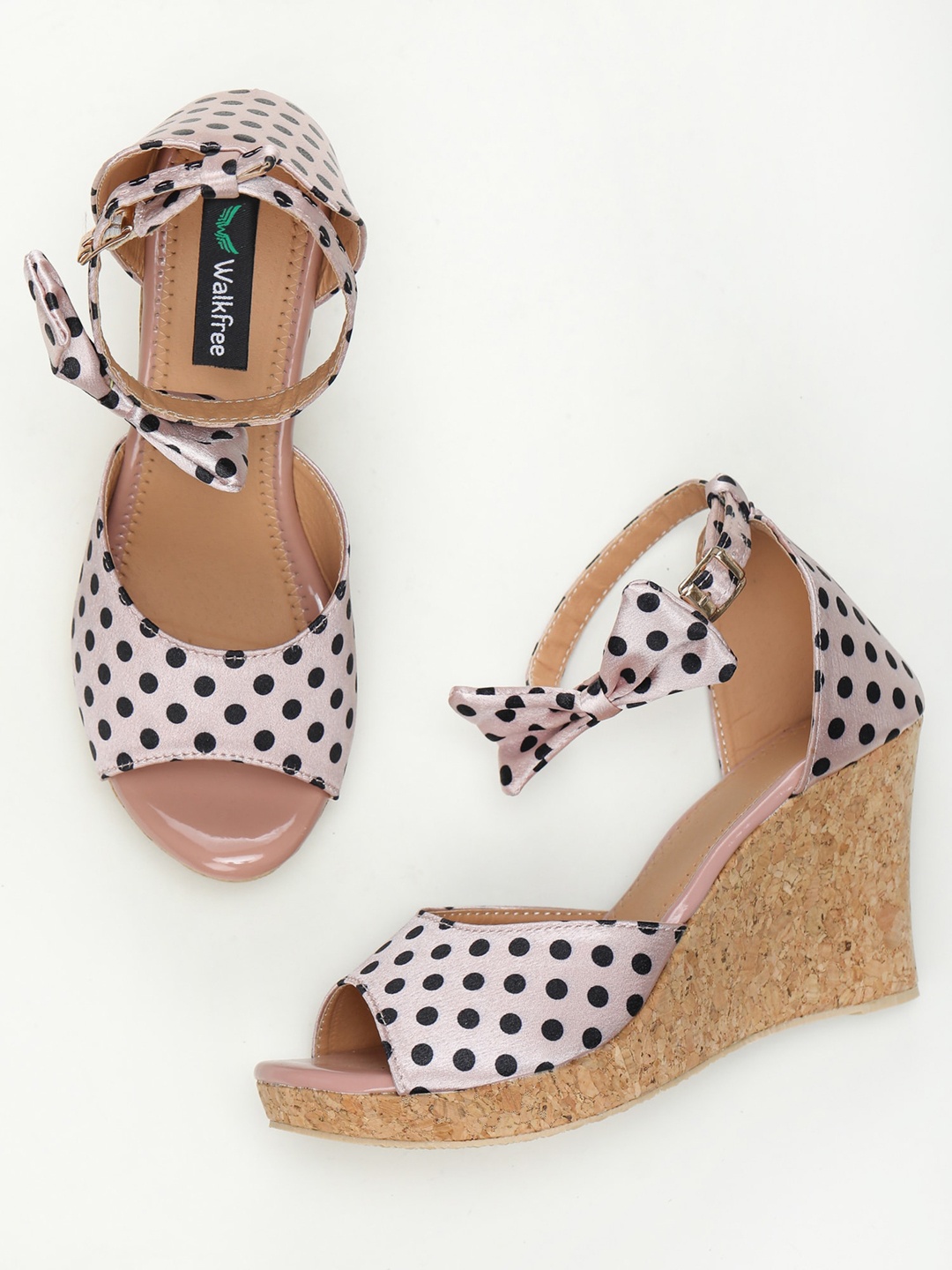 

Walkfree Pink & Black Polka Dots Printed Wedge Sandals With Bow