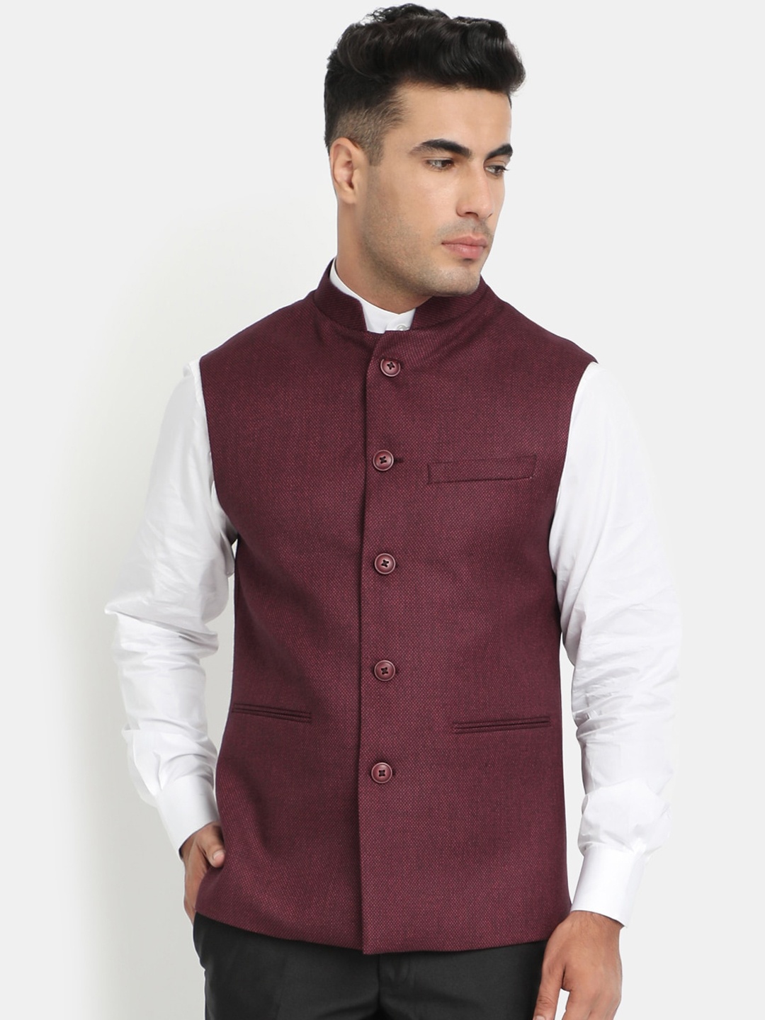 

HOB Men Maroon Solid Woven Nehru Jacket