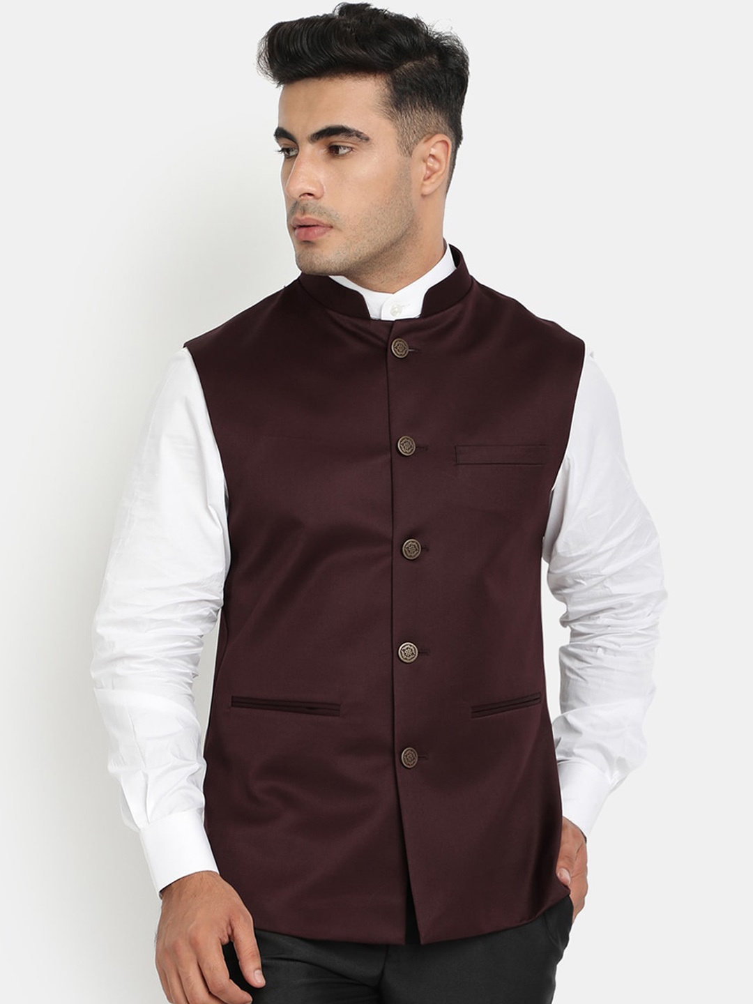 

HOB Men Burgundy Solid Woven Nehru Jacket