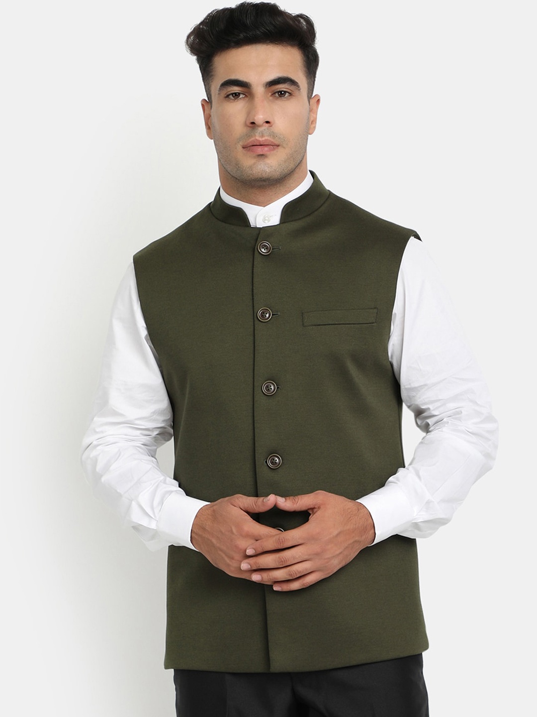 

HOB Men Olive-Green Solid Woven Nehru Jacket