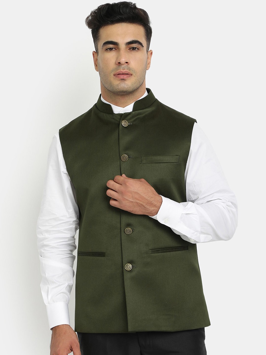 

HOB Men Olive-Green Solid Nehru Jacket
