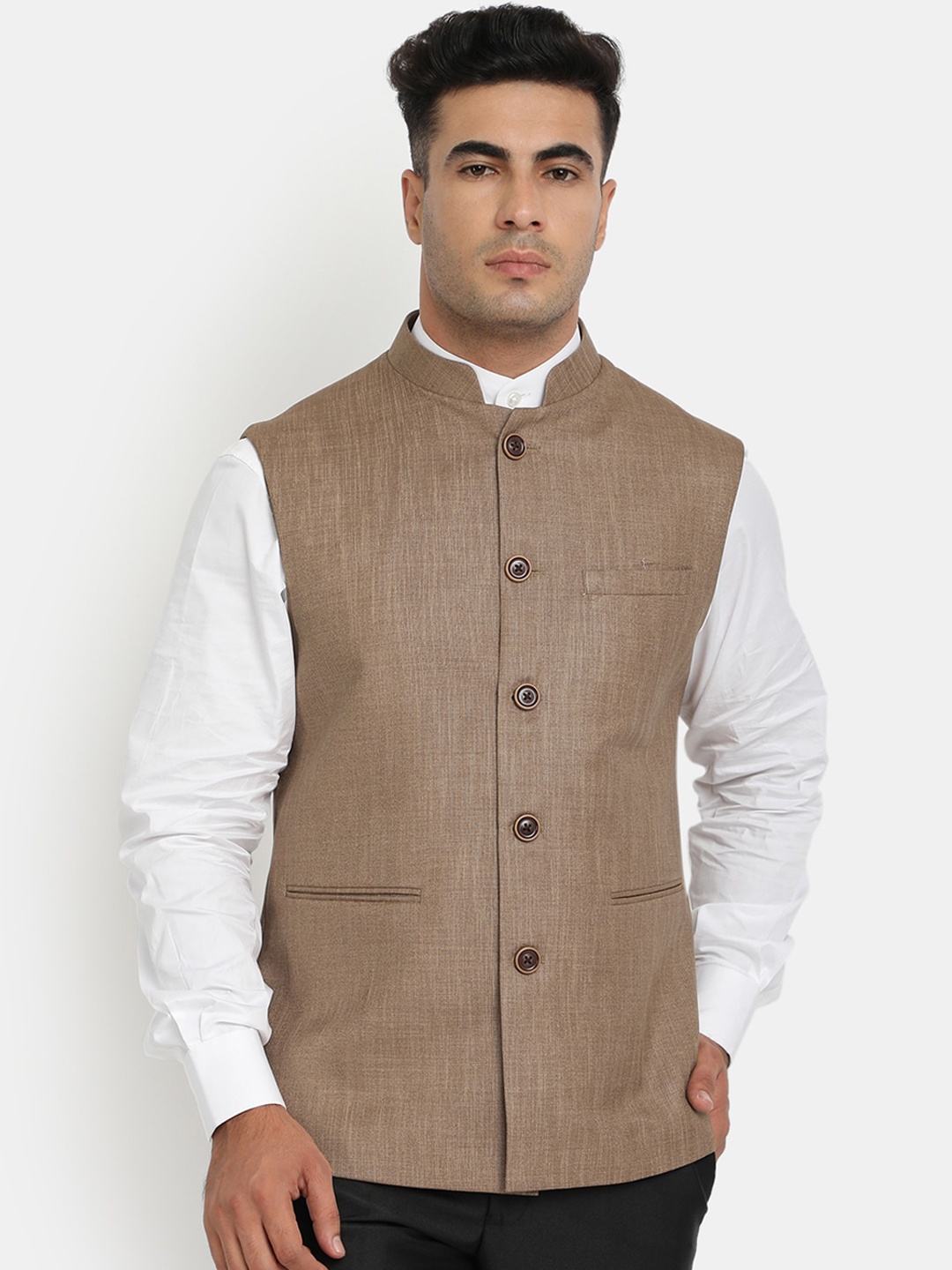 

HOB Men Coffee Brown Solid Woven Nehru Jacket