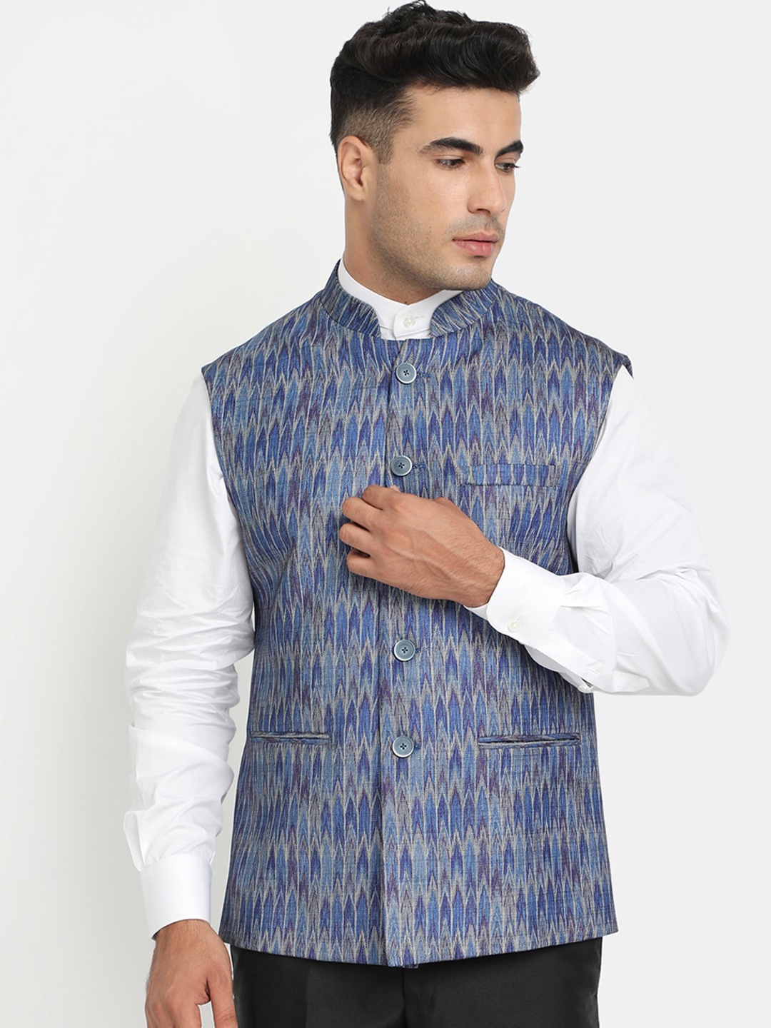 

HOB Men Blue & Grey Printed Nehru Jacket