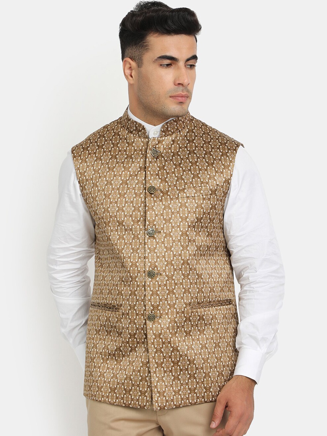 

HOB Men Brown & White Printed Woven Nehru Jacket