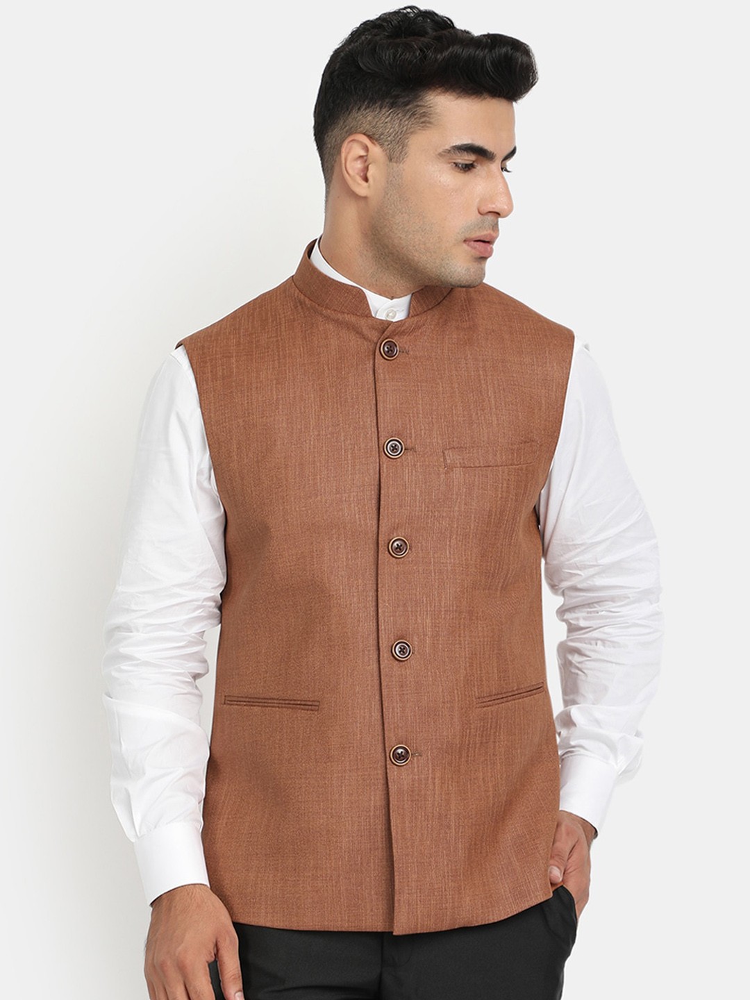 

HOB Men Rust-Brown Solid Nehru Jacket