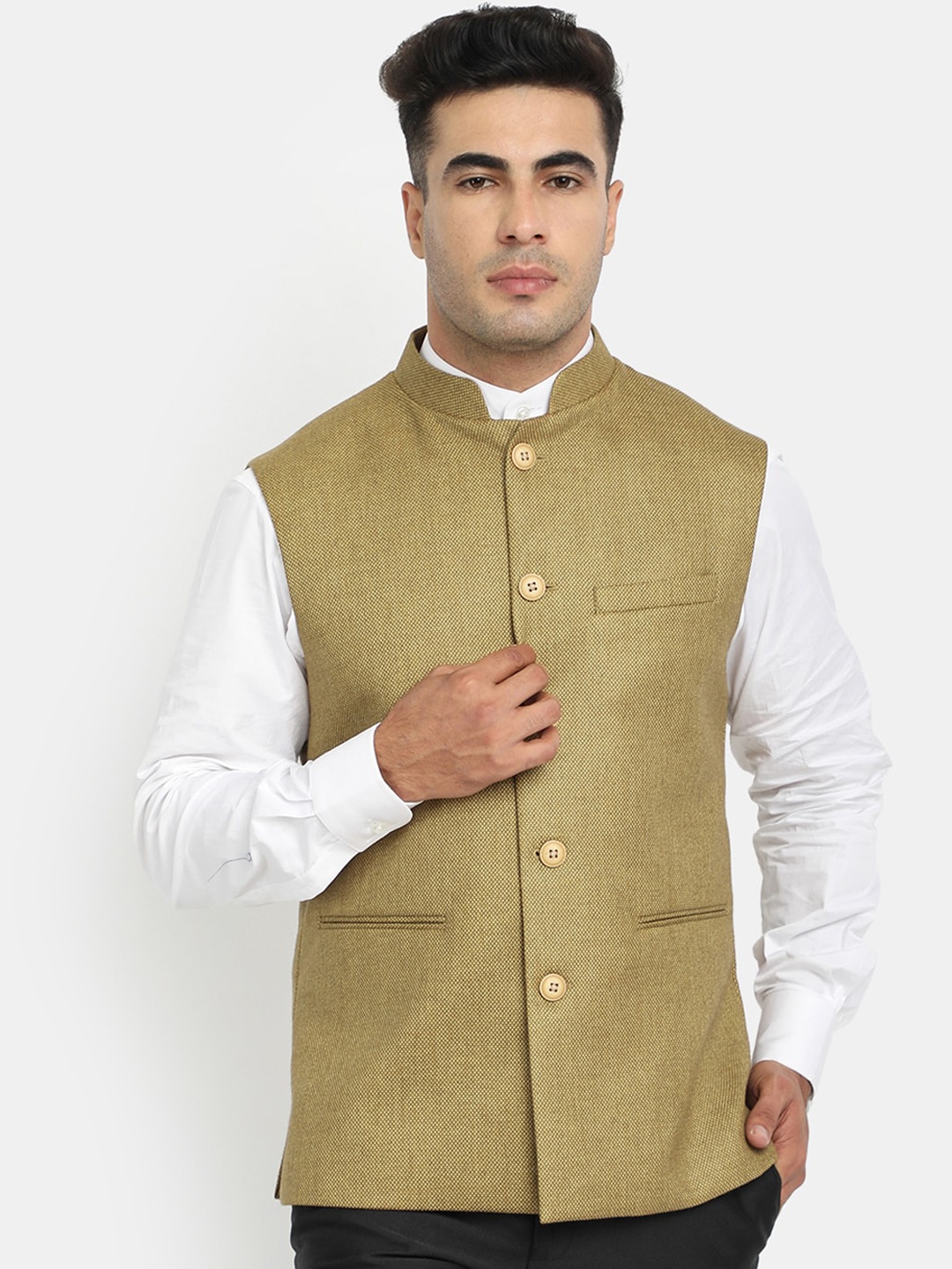 

HOB Men Brown Solid Woven Nehru Jacket