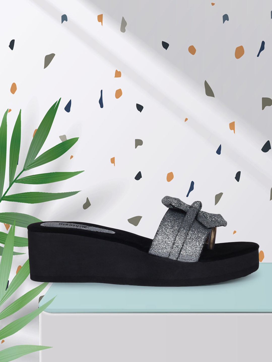

Alishtezia Grey & Black Embellished PU Flatform Sandals with Bows