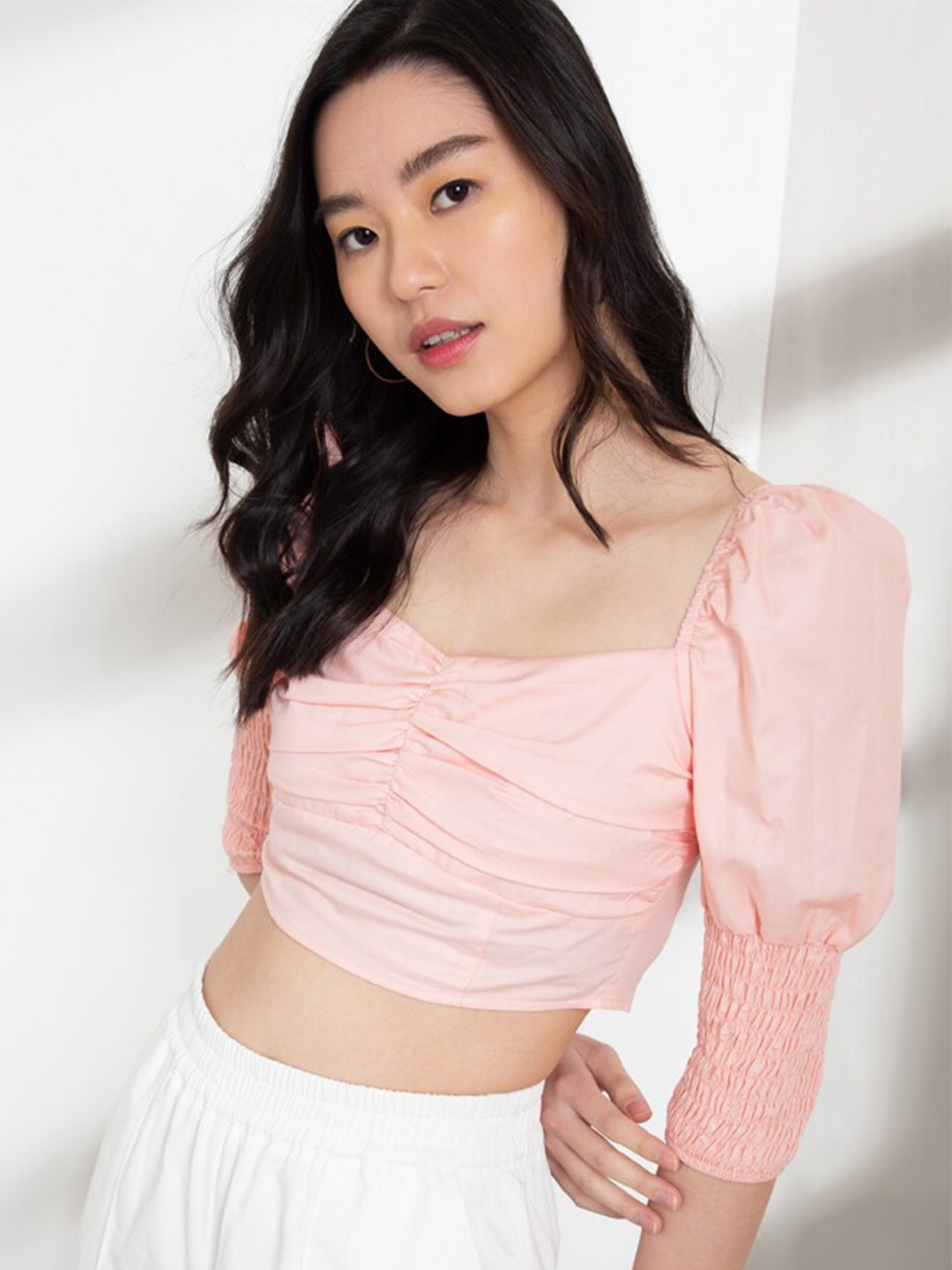 

ORIGIN BY ZALORA Pink Smocked Organic Cotton Blouson Crop Top