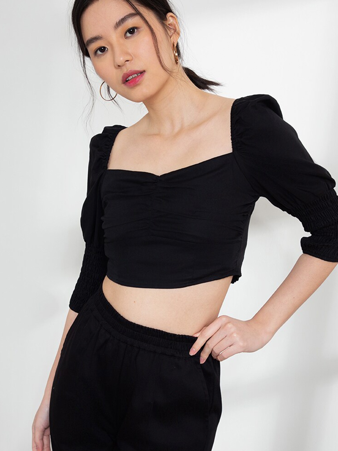 

ORIGIN BY ZALORA Black Puff Sleeves Smocked Organic Cotton Crop Top