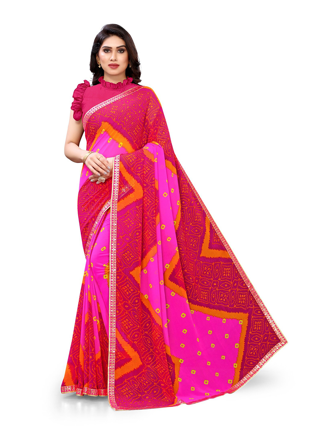 

KALINI Pink & Orange Bandhani Saree
