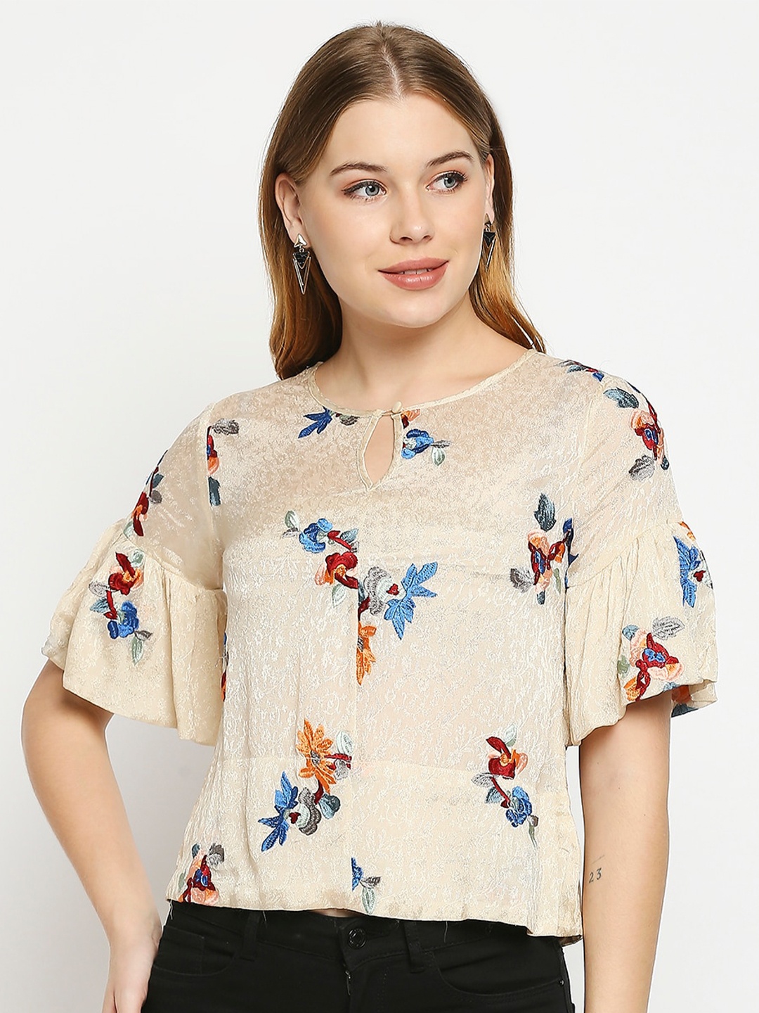 

aaliya Beige & Blue Floral Embroidered Keyhole Neck Top