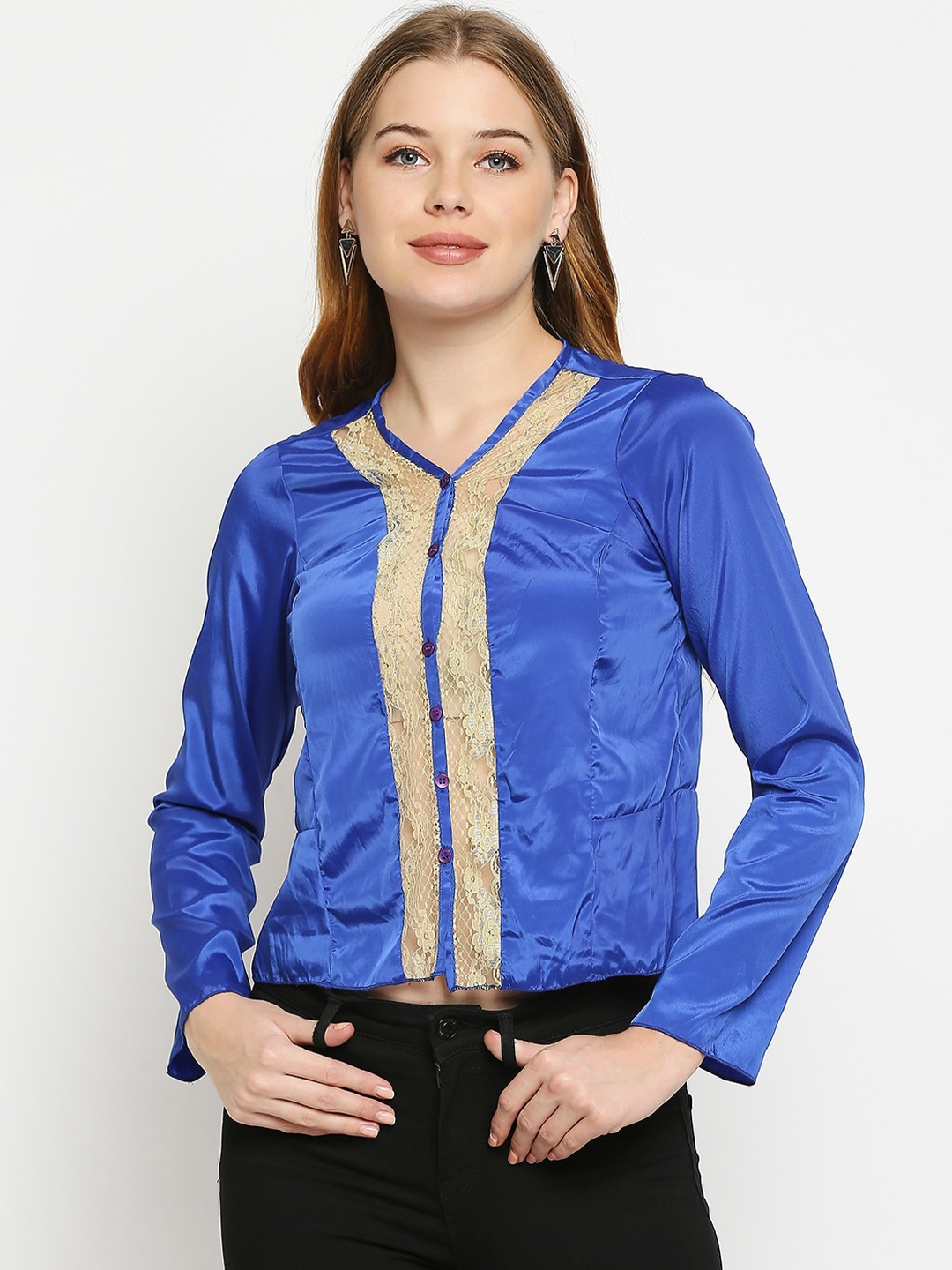 

aaliya Blue & Beige Lace Insert Top
