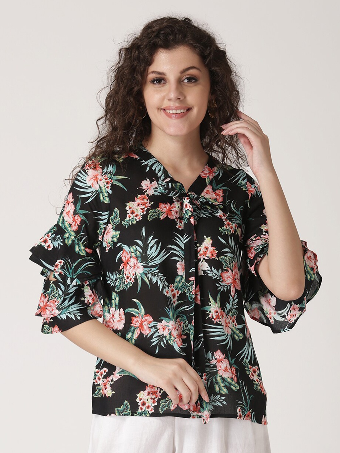 

DIVA WALK EXCLUSIVE Women Black Floral Print Shirt Style Top