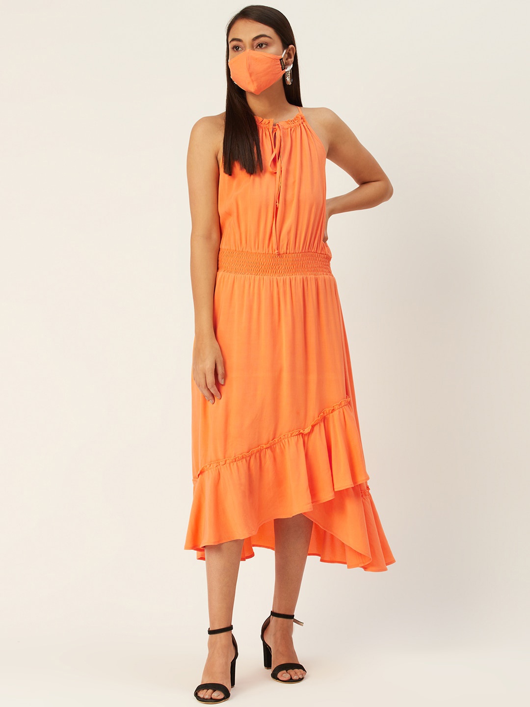 

DIVA WALK EXCLUSIVE Orange Halter Neck Crepe Midi Dress