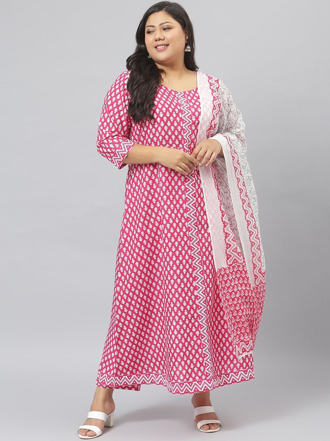 

Stylum Women Pink & White Ethnic Motifs Printed Cotton Kurta with Dupatta