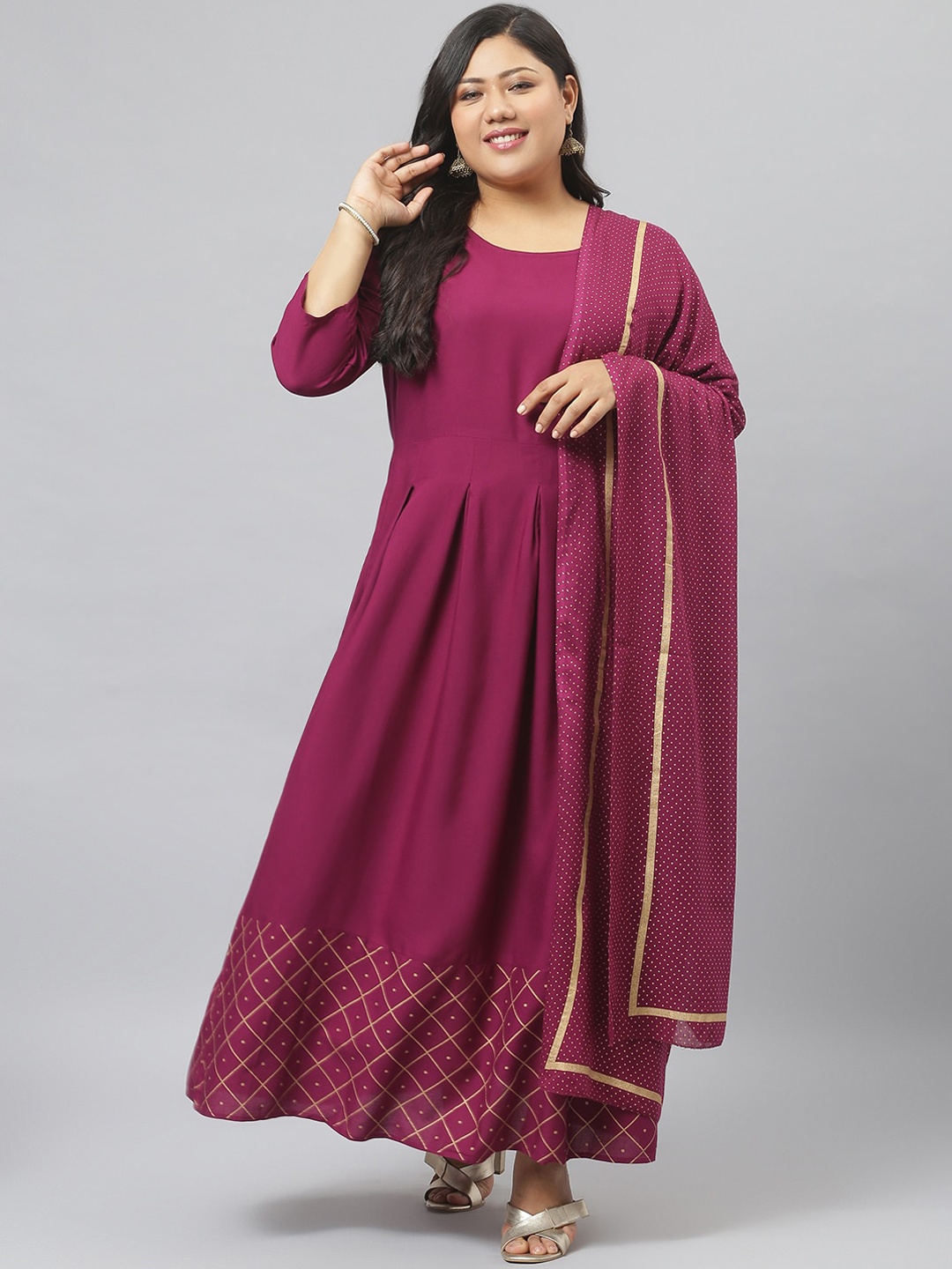 

Stylum Women Burgundy & Golden Printed Detail Anarkali Kurta with Dupatta